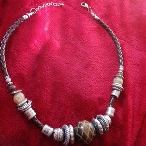 Well Made Brown Faux Leather Wood Necklace